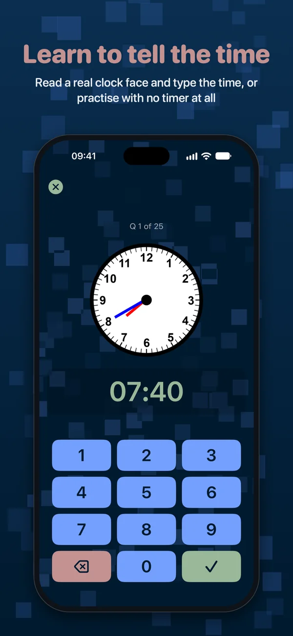 Learn to tell the time: read a real clock face and type the time