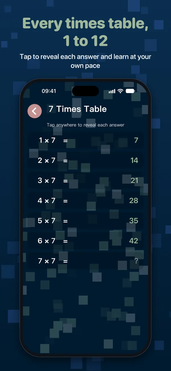 Every times table, 1 to 12: tap to reveal each answer