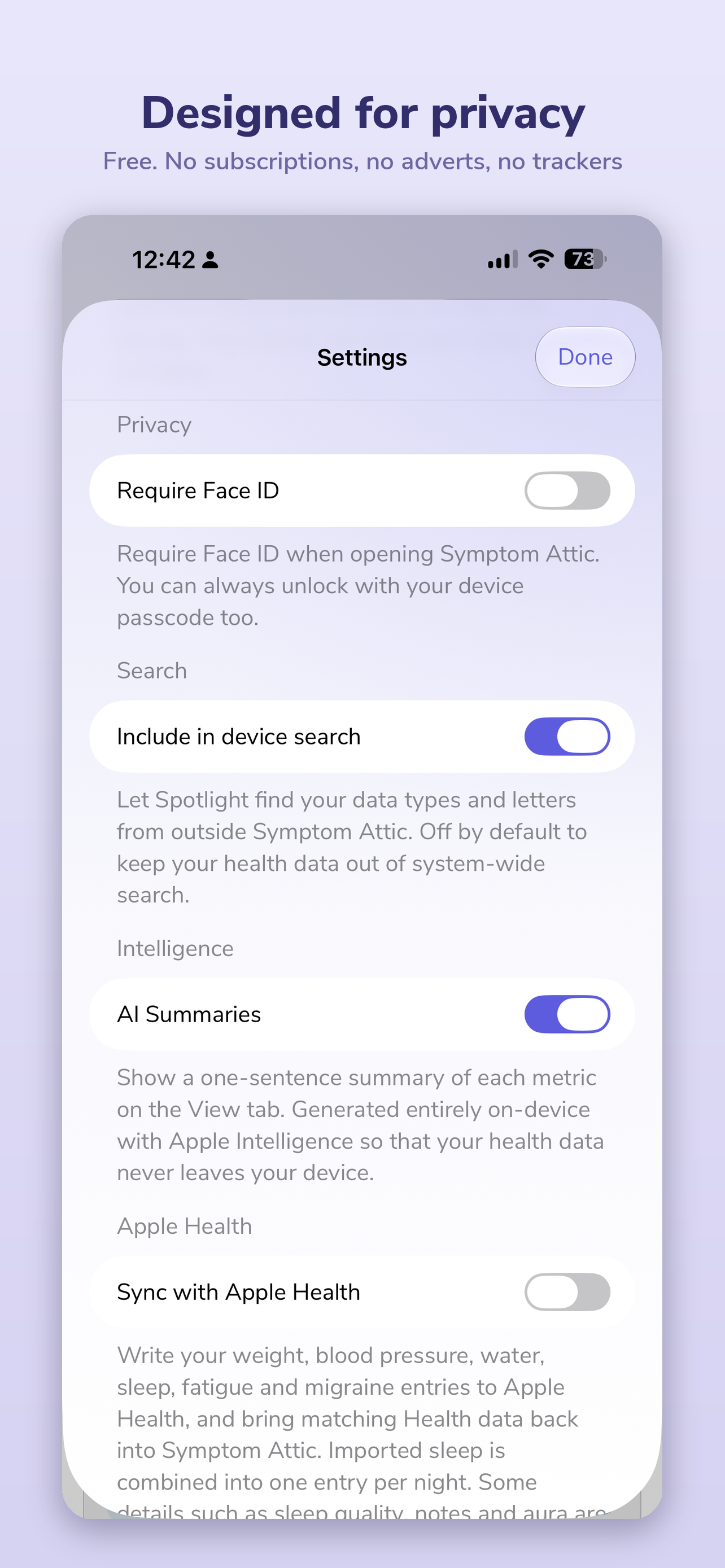 Designed for privacy — free, no subscriptions, no adverts, no trackers