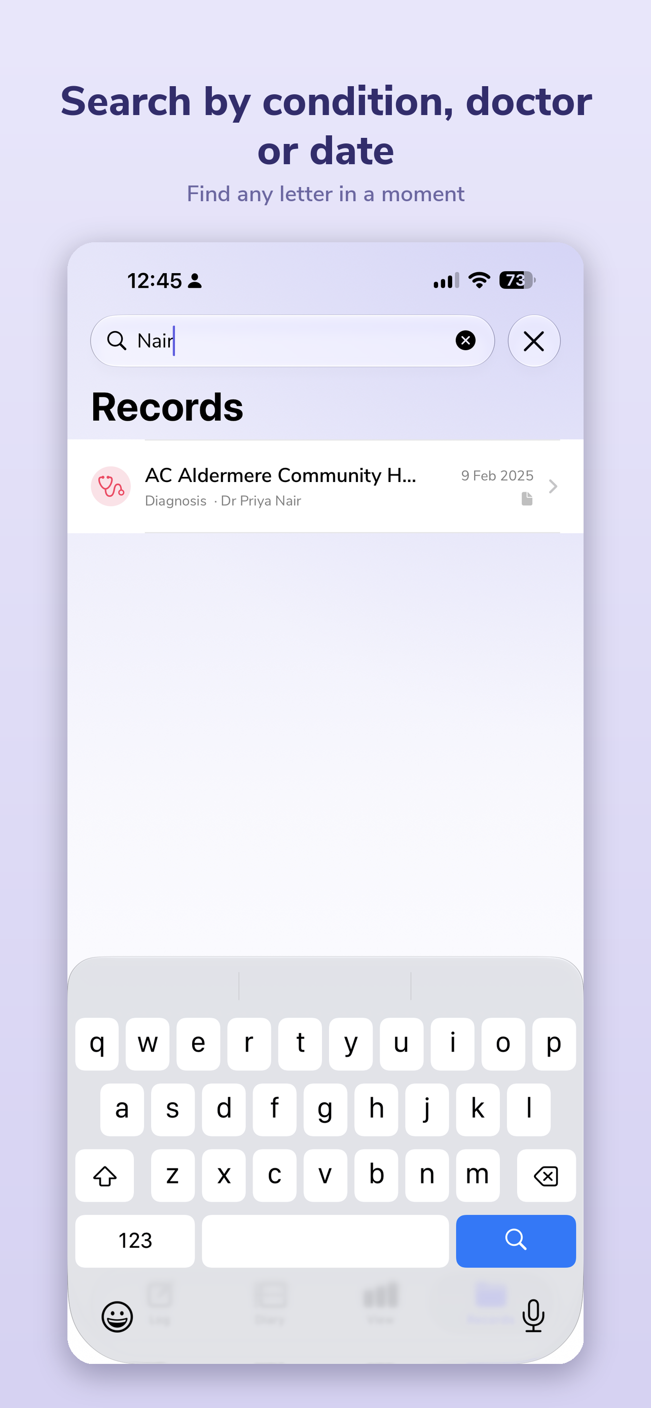 Search by condition, doctor or date — find any letter in a moment